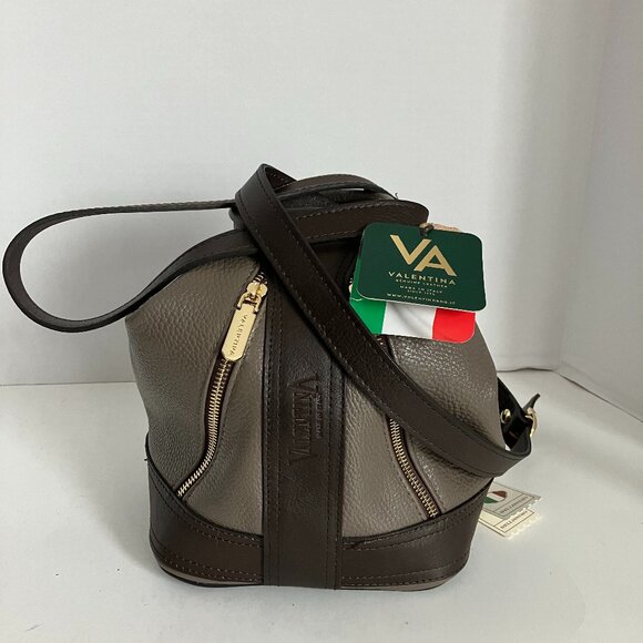 Valentina Bucket Leather Grey & Brown Bag W/Zipper Strap NEW With Tags Italy.